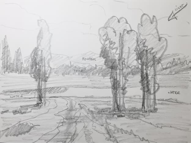 The pencil drawing of the landscape 