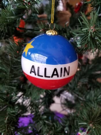 My Allain family ornament is an orb styled after the Acadian flag.