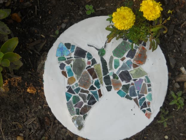 Finished mosaic stepping stone ready for the garden