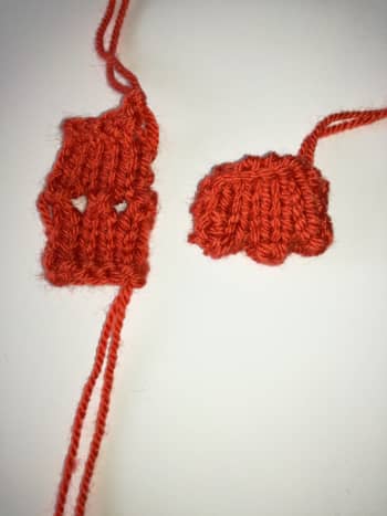 Photo 4. Knitted robin's feet before (left) and after (right) sewing up.