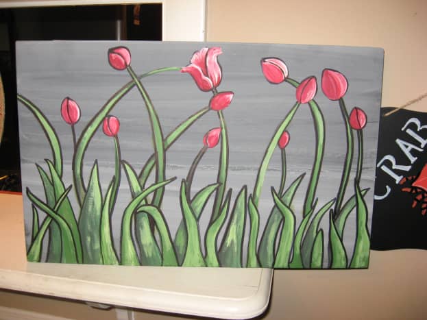 Red Tulips on Wood