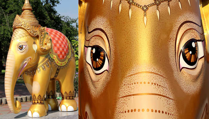 'Royal Elephant Gold' by Chakrit Choochalerm&mdash;With its regal headdress, 'Royal Elephant Gold' had pride of place at the front of the Lumpini Park parade as a 'symbol of auspiciousness and intelligence'
