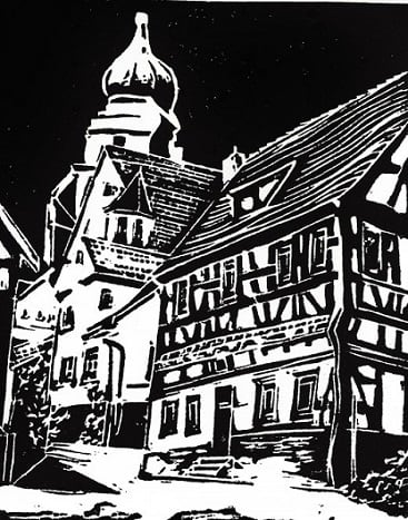 Linocut titled Herrenberg, Germany created by Peggy Woods