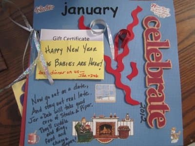 January babysitting/date night coupon with a gift certificate for one of the new mom and dad's favorite restaurants