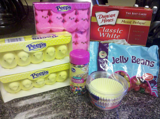 The supplies needed to make fun Easter cupcakes.
