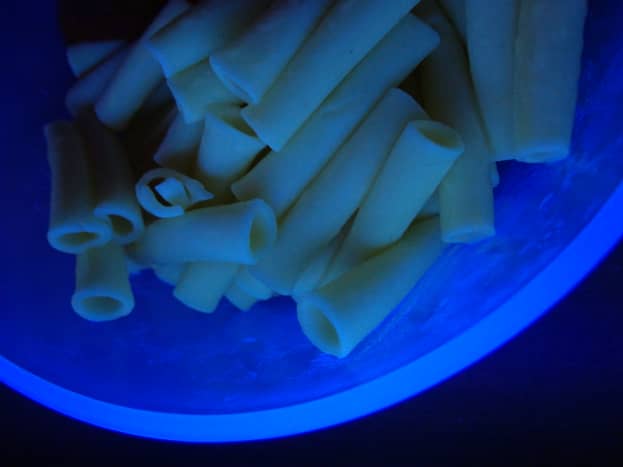 White pasta will look really bright under a black light.