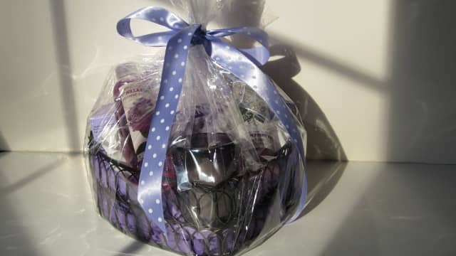 This basket has purple accents with lavender-scented products.