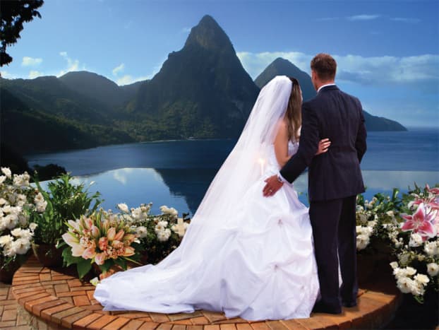 The Pitons in the background are a favorite spot for wedding photos in St. Lucia . . . 