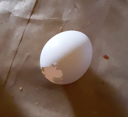 An egg with a hole punched in it.