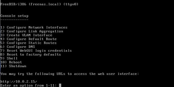 FreeNAS console setup menu.