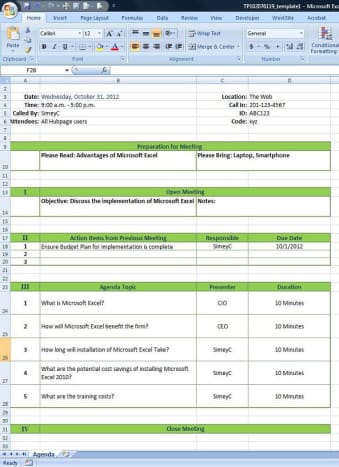 Microsoft Excel Agenda worksheet