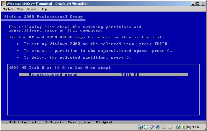 Selecting the blank virtual hard drive to install Windows 2000 on