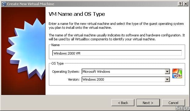 Naming a new virtual machine and choosing the OS and version