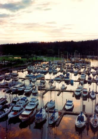 Sunset over the Vancouver marina as viewed from our room number 1184 at the Westin Bayshore Hotel.