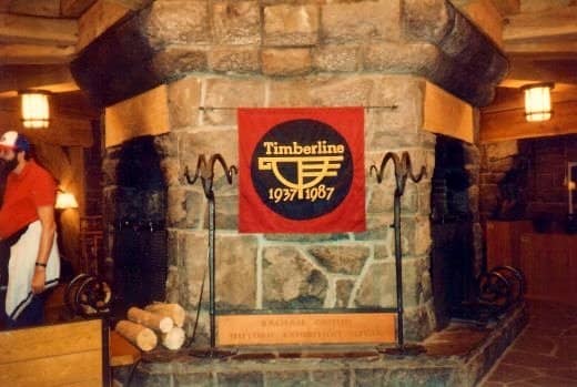 Massive stone fireplace in Timberline Lodge / 50th Anniversary of Timberline Lodge was being celebrated 