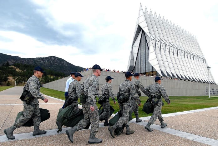 The Class of 2012 basic trainees march past the Cadet Chapel on the first day of basic training at the U.S. Air Force Academy, Colo., June 26, 2008. In-procesing marks the start of 38 days of Basic Cadet Training. U.S. Air Force photo by Mike Kaplan