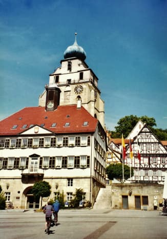Rathaus (city hall) with Stiftskirch (church) behind it in Herrenberg.  