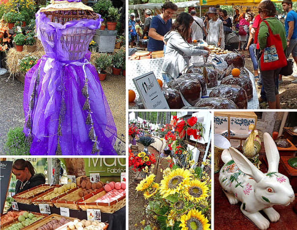 Clockwise from top left: lavender-inspired fashion; country-style breads; antique ceramics; sunflowers and poppies; macarons and sweets vendor.