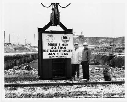 First bucket of concrete at the Kerr Lock and Dam. 