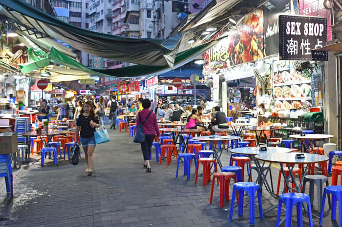 Nanking Street restaurants. This road runs perpendicular to Temple Street Night Market and is famous for crab dishes.