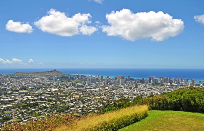 View of Honolulu and Diamond Head from Tantalus Lookout.