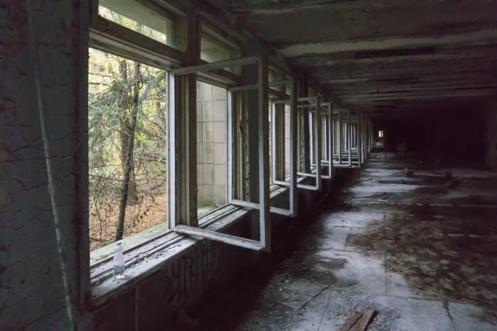 Inside an abandoned school in the evacuated city of Pripyat in the Chernobyl exclusion zone