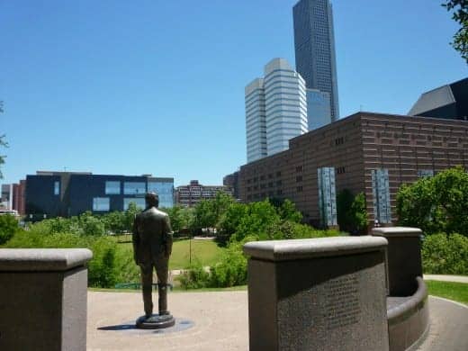 Statue of George H.W. Bush appearing to gaze at downtown Houston