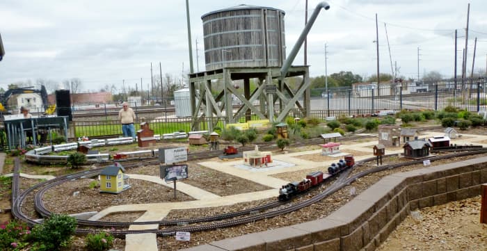 Outdoor G-Scale model train display at the Rosenberg Railroad Museum