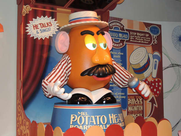 A Mr. Potato Head that moves and interacts with people in line waiting to get on the Toy Story Midway Mania Ride at Disney's Hollywood Studios