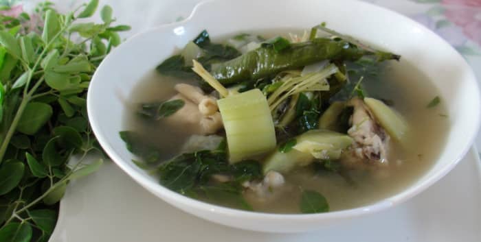 A hot, sumptuous modified chicken soup (tinola) with Moringa leaves.