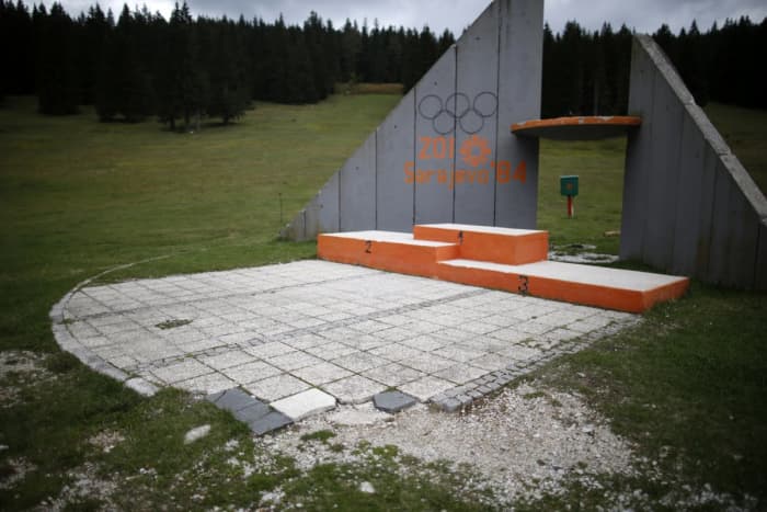 What's left of the Medal Podium at Sarajevo. In the years following the war, this site became a place for public executions.