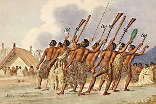 A  Maori tribal war dance dating from c1845,  and illustrated by the poet and artist Joseph Jenner Merritt, 