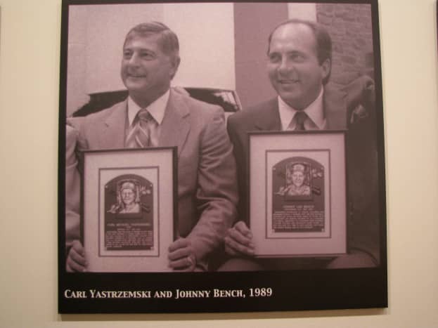 Baseball Hall of Famer Johnny Bench waves to fans during a rededication of  the National Baseball Hall of Fame and Museum building in Cooperstown, NY  on July 29, 2005. This year former