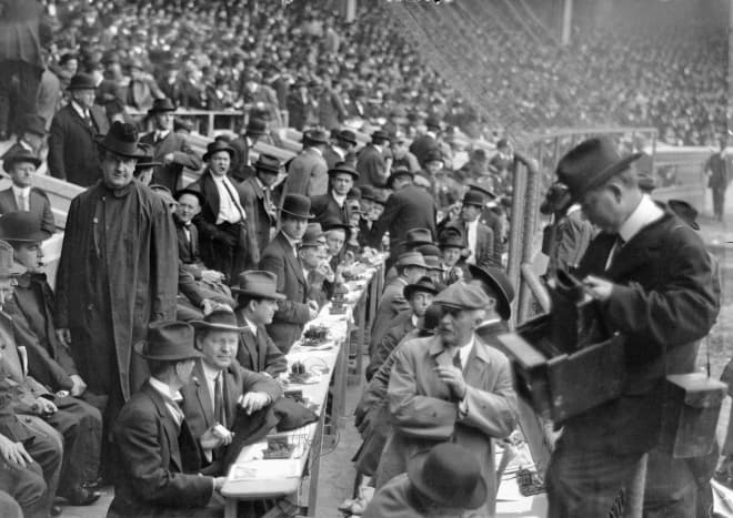 Press box at the 1912 World Series.  Over 70 years later I would sit behind the temporary press box at Yankee Stadium; it did not look that much different, except more typewriters.