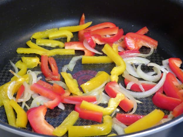 Saute the peppers with the onions