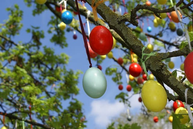 You may see eggs hung in outdoor trees in Russia.