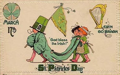 Vintage kids: Children celebrating St. Patrick's Day with a parade &quot;God Bless the Irish!&quot;
