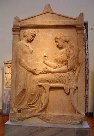 Late Classical Greek Sculpture: Gravestone of Lady Hegeso inspecting her jewelry. c. 400BCE.