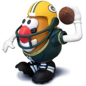 Mr. Potato Head wearing a Green Bay Packer helmet and uniform and holding a football