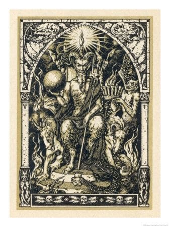 Satan presides at the Sabbat attended by demons in human or animal shapes.