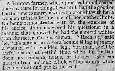 Humorous early American 19th century newspaper article; Border farmer marries woman with wooden leg.