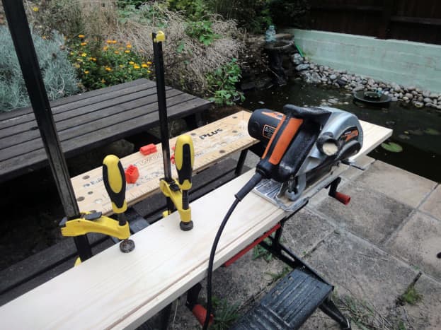 Using my Evolution Rage circular saw to cut the wood to the correct width.