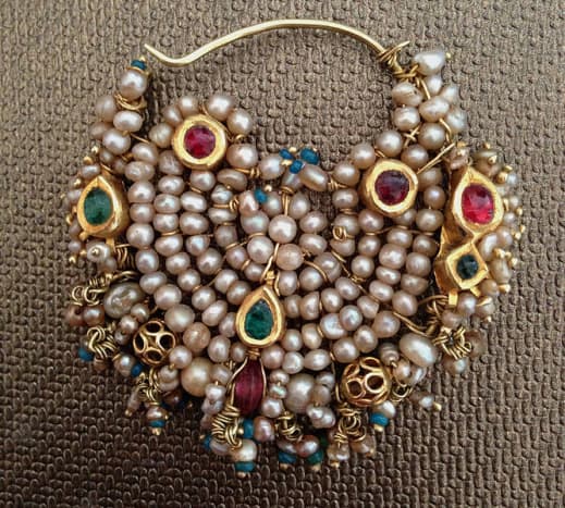 Antique Nose Ring from India, with Gold, Pearls and Jadau work. 19th century