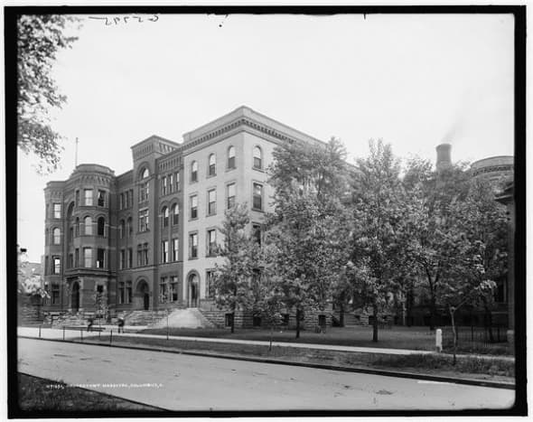 White Cross Hospital, also called &quot;Protestant Hospital&quot; after its small former building nearby. This building stood at the lake in the park on the corner of Park Street and Buttles Avenue.