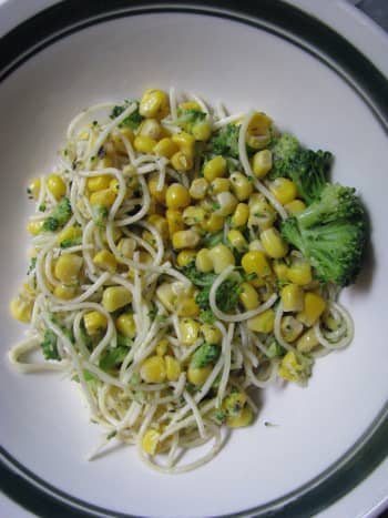 Broccoli and corn in buttered noodles