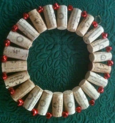 The finished wine cork wreath made from recycled corks collected by me.