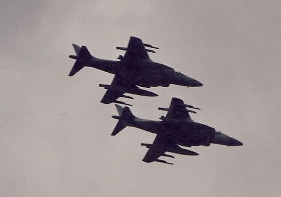 2 USMC AV-8Bs perform a flyby over the Washington DC Mall during the Desert Storm Victory Parade, June 1991.