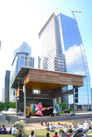 The Anheuser-Busch Stage at Discovery Green with a view of Hess Tower in Downtown Houston