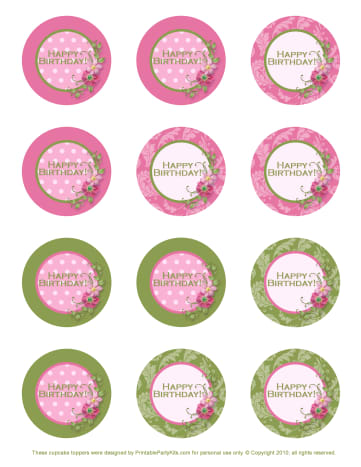 Free circle printable pink and green birthday cupcake toppers