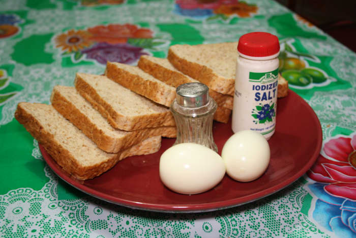 Some of the ingredients: bread, eggs, salt and pepper.